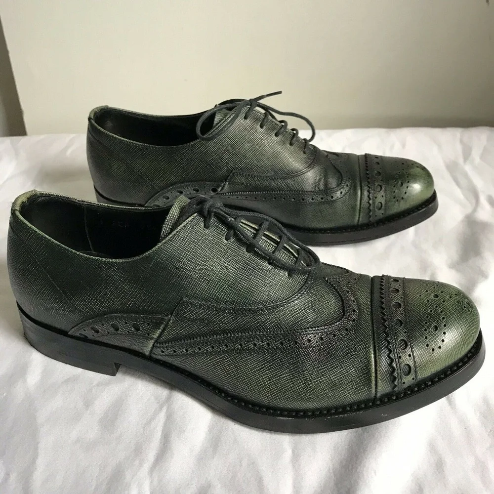 PRADA Olive Grained Leather Oxford Shoes Mens 6/ W - Picture 4 of 8